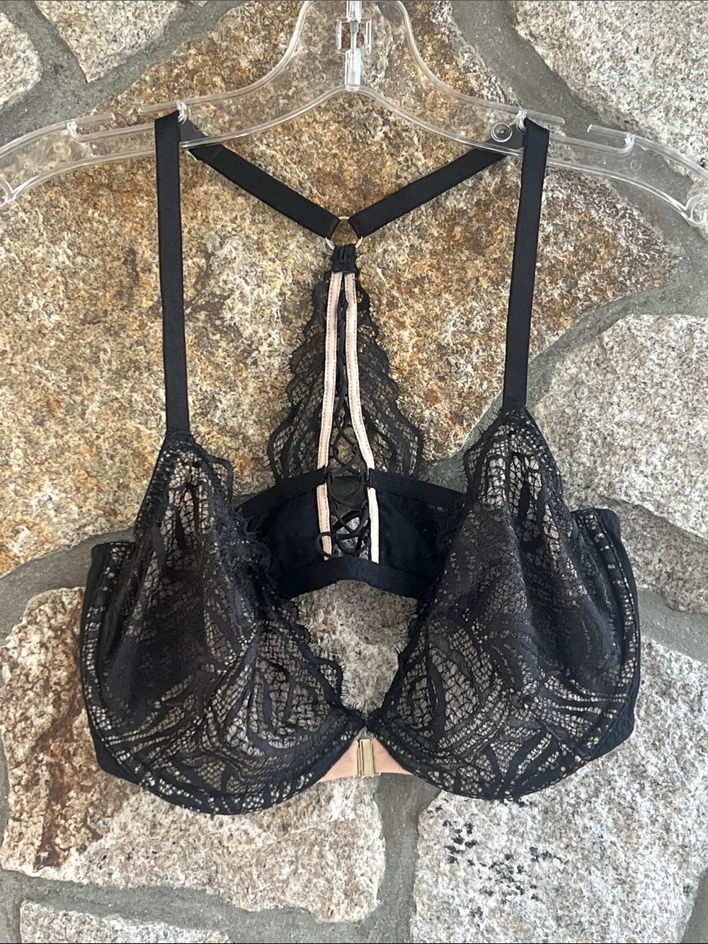 Victoria's Secret Black Lace Plunge Bra with Strappy Back Detail